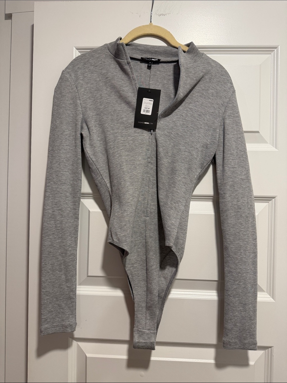 Fashion Nova Light Gray Long Sleeve Draped Bodysuit